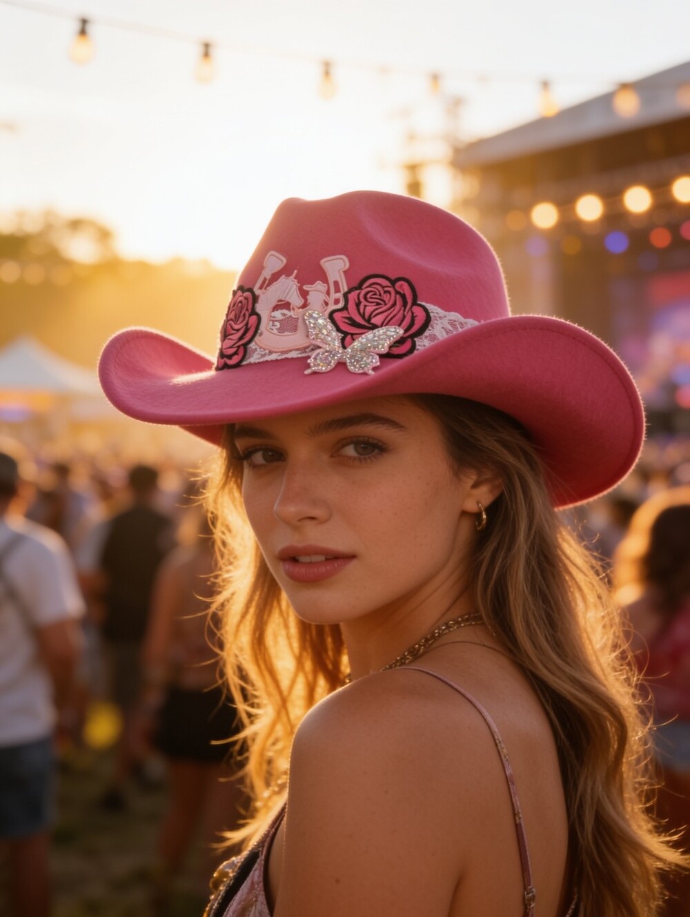 Pink Embellished Felt Western Hat with Rose Accents